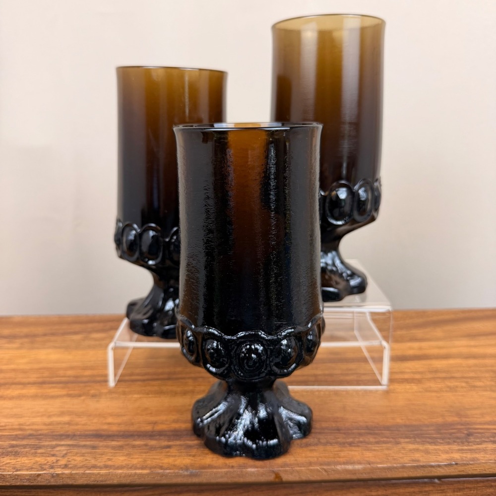 Tiffin Franciscan Madeira Amber Brown Smoke Glass Footed Tumbler Set of 3 Vtg